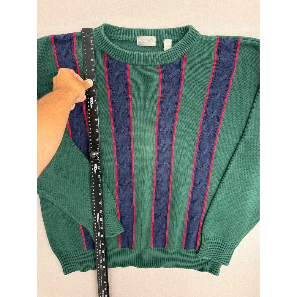 Lord & Taylor Vintage Mens Green Cable Knit Striped Cotton Crewneck Sweater XL